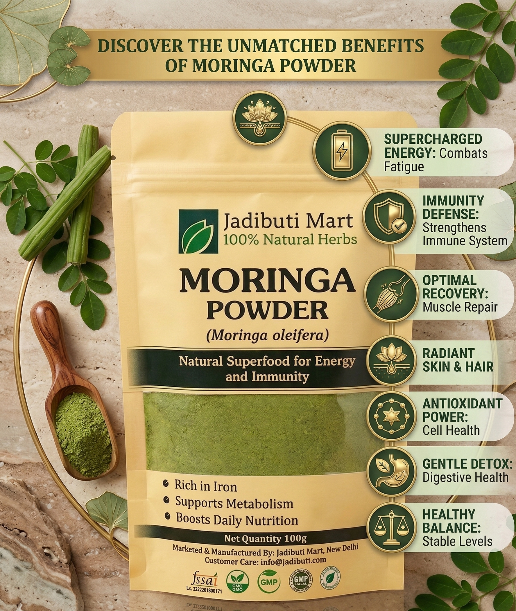 Moringa Powder 100g 100% Natural, For Hair, Skin and Edible Use, Energy Booster, Immunity Support